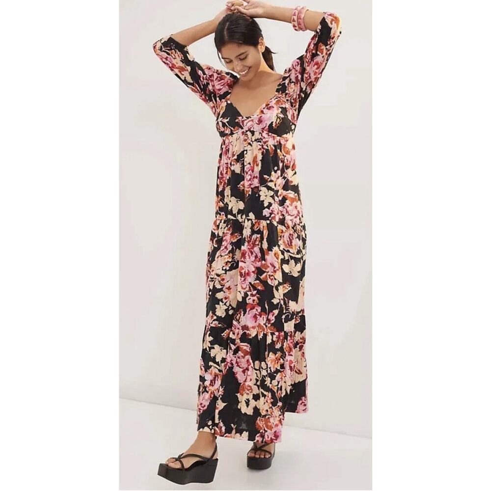Anthropologie Blossom Black Floral Maxi Dress Puff Sleeves Romantic Boho Size XS